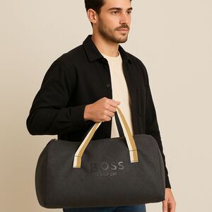 BOSS Parfums Gray Felt Duffel Bag with Striped Handles Travel Gym Bag